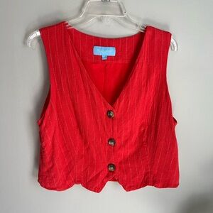 Draper James Red linen Pinstripe V-Neck Button Front Vest size XL